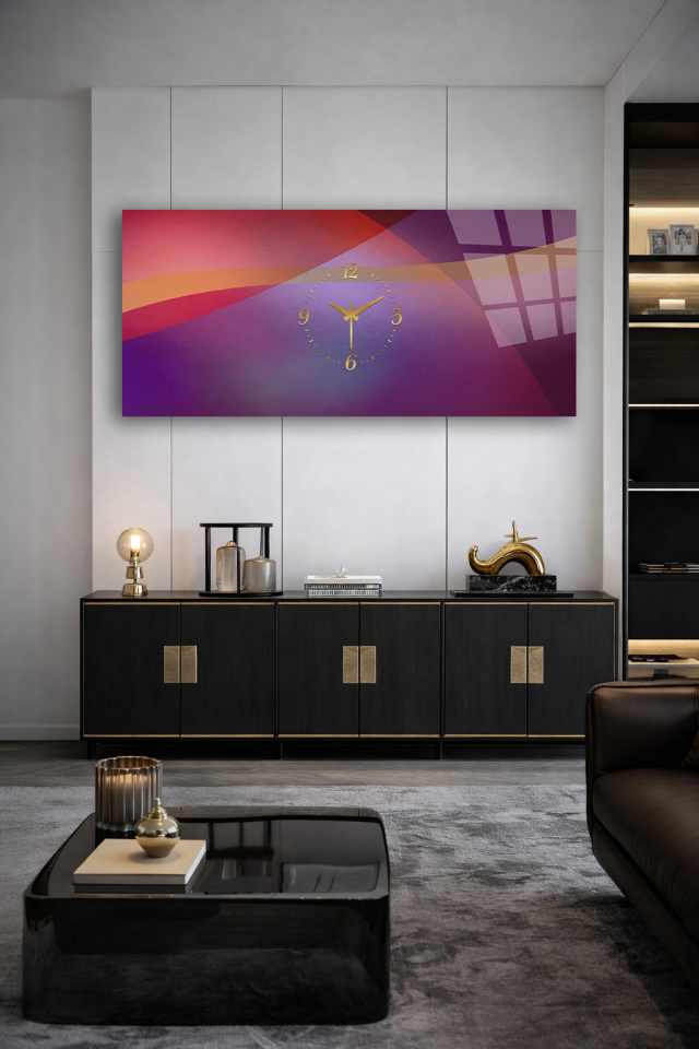 KIRILMAZ CAM DUVAR SAATİ , HEM TABLO HEM SAAT SOYUT MOR GEÇİŞ TASARIMI EV OFİS HEDİYESİ