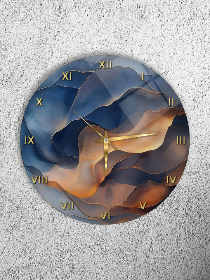 KIRILMAZ CAM DUVAR SAATİ, HEM TABLO HEM SAAT SOYUT MAVİ ALTIN DALGALI SANATSAL TASARIM EV OFİS HEDİYESİ