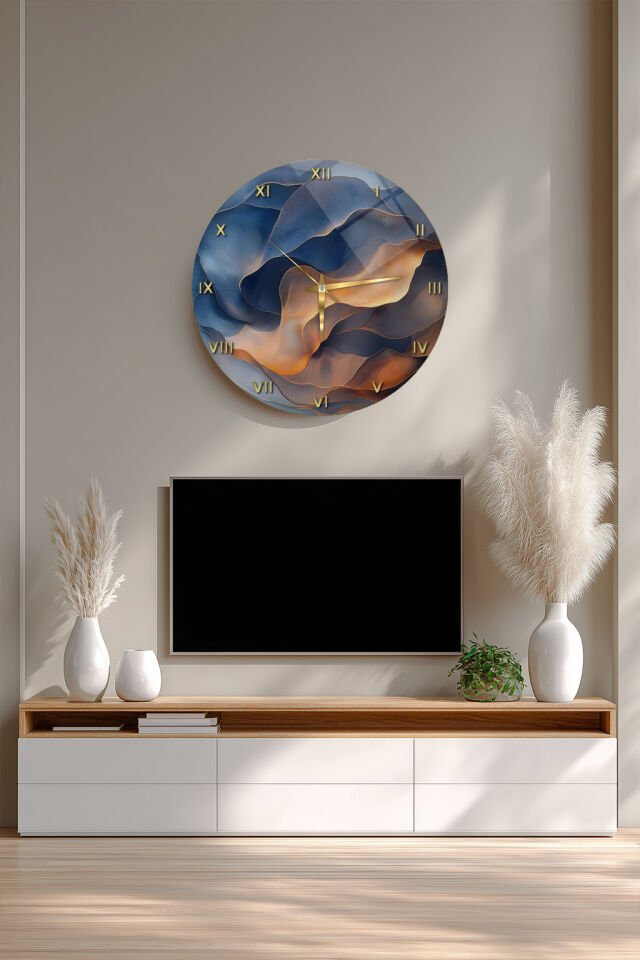 KIRILMAZ CAM DUVAR SAATİ, HEM TABLO HEM SAAT SOYUT MAVİ ALTIN DALGALI SANATSAL TASARIM EV OFİS HEDİYESİ