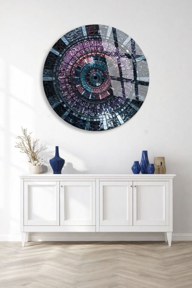 KIRILMAZ CAM TABLO – KOZMİK MOZAIK SPİRAL SOYUT SANAT TASARIMI