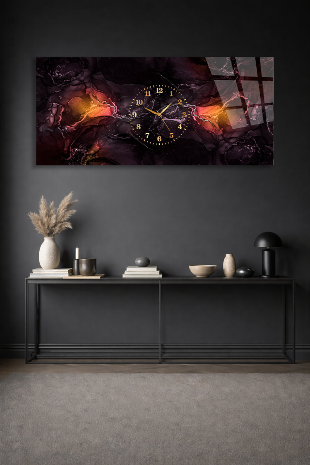 KIRILMAZ CAM DUVAR SAATİ , HEM TABLO HEM SAAT SOYUT MERMER DESEN SİYAH ALTIN EV OFİS HEDİYESİ