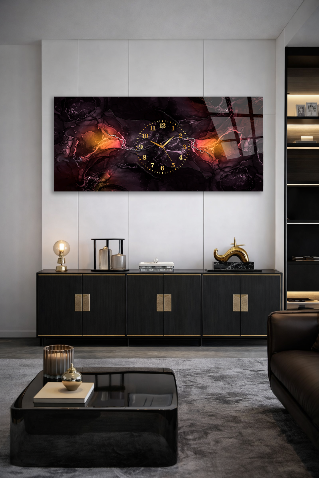 KIRILMAZ CAM DUVAR SAATİ , HEM TABLO HEM SAAT SOYUT MERMER DESEN SİYAH ALTIN EV OFİS HEDİYESİ