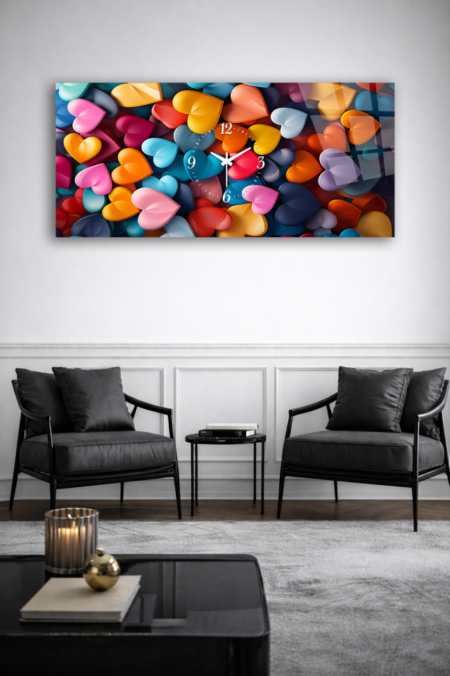 KIRILMAZ CAM DUVAR SAATİ , HEM TABLO HEM SAAT RENKLİ KALP DESEN MODERN TASARIM EV OFİS HEDİYESİ