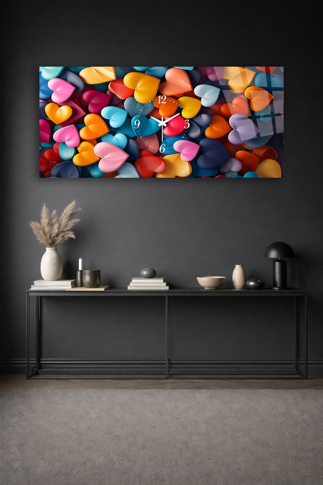 KIRILMAZ CAM DUVAR SAATİ , HEM TABLO HEM SAAT RENKLİ KALP DESEN MODERN TASARIM EV OFİS HEDİYESİ