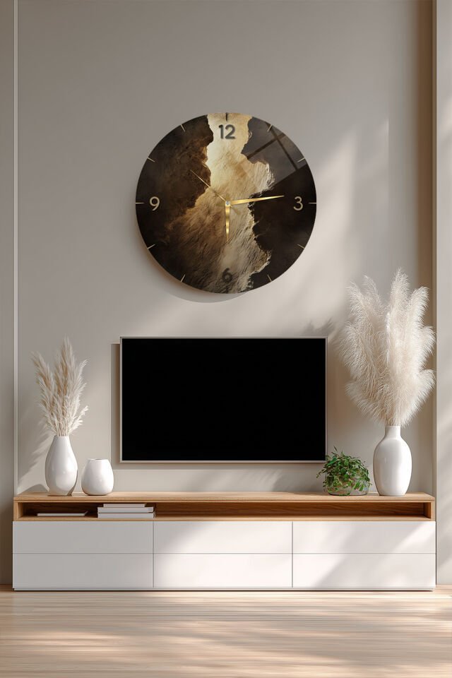 KIRILMAZ CAM DUVAR SAATİ, HEM TABLO HEM SAAT DOĞAL KAYA DOKULU KAHVERENGİ TASARIM EV OFİS HEDİYESİ