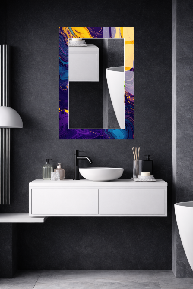 HEM TABLO HEM AYNA MOR SARI AKIŞKAN SANAT SOYUT DESEN CAM DUVAR AYNASI EV DEKORU