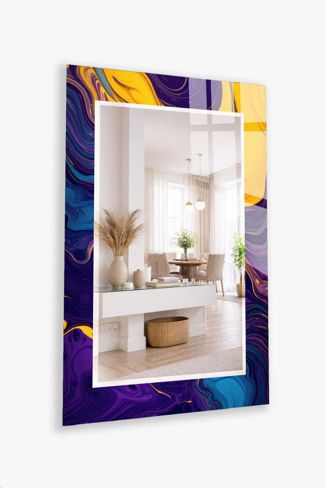 HEM TABLO HEM AYNA MOR SARI AKIŞKAN SANAT SOYUT DESEN CAM DUVAR AYNASI EV DEKORU