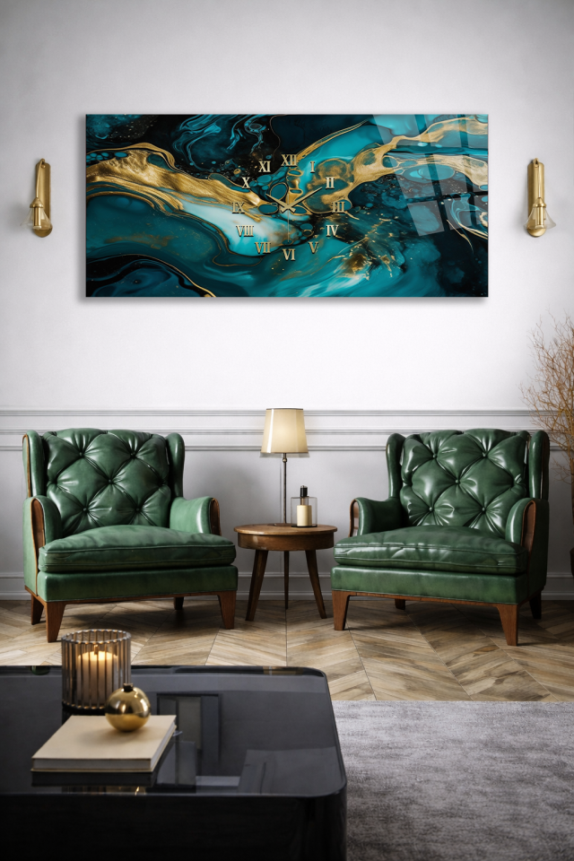 KIRILMAZ CAM DUVAR SAATİ , HEM TABLO HEM SAAT TURKUAZ ALTIN AKIŞKAN SANAT EV OFİS HEDİYESİ