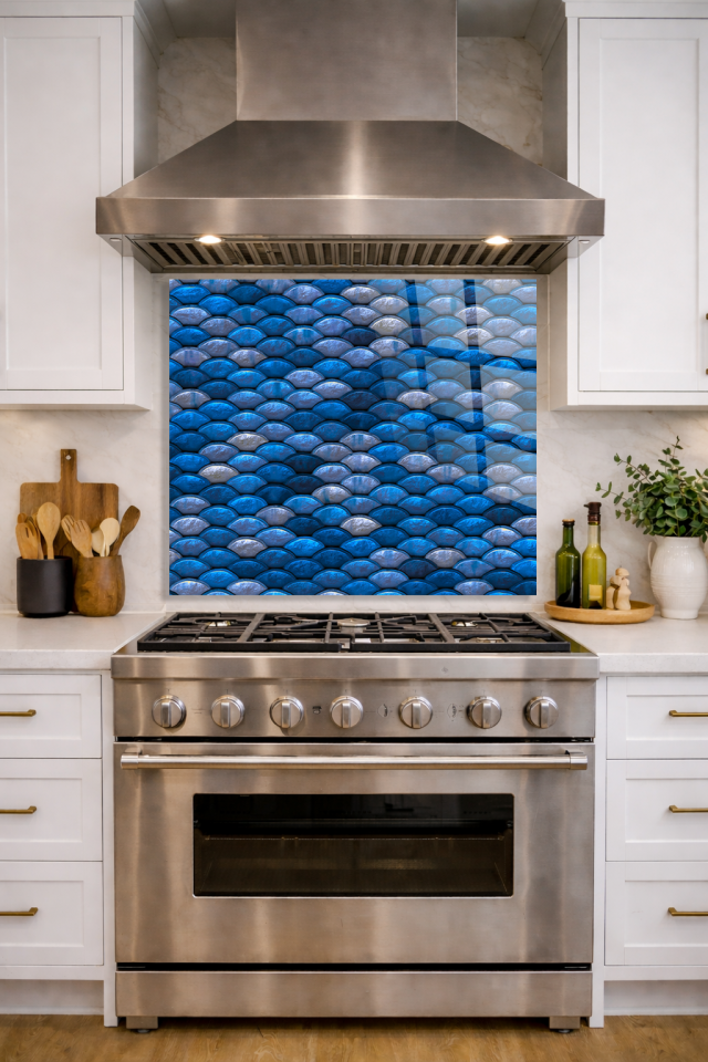 Premium Mutfak Cam Ocak Arkası Koruyucu Tezgah Ankastre Arkası Koruyucu I Mavi Desen