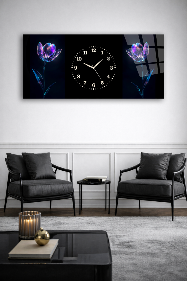 KIRILMAZ CAM DUVAR SAATİ , HEM TABLO HEM SAAT SİYAH ZEMİN MOR ÇİÇEK TASARIM EV OFİS HEDİYESİ