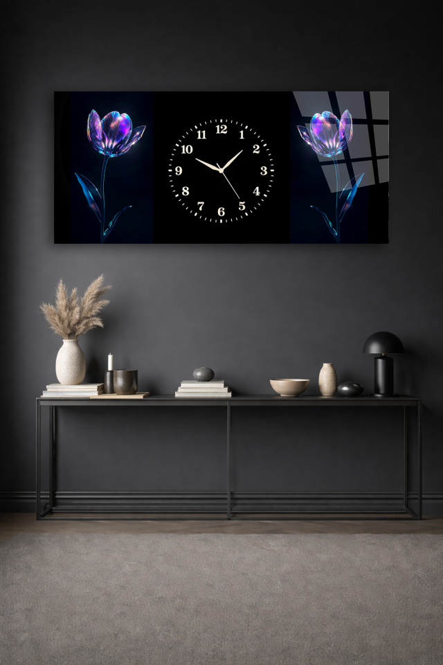 KIRILMAZ CAM DUVAR SAATİ , HEM TABLO HEM SAAT SİYAH ZEMİN MOR ÇİÇEK TASARIM EV OFİS HEDİYESİ