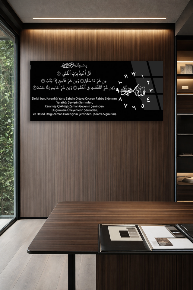 KIRILMAZ CAM DUVAR SAATİ , HEM TABLO HEM SAAT FELAK SURESİ YAZILI EV OFİS HEDİYESİ