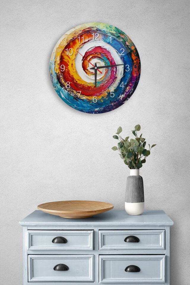 KIRILMAZ CAM DUVAR SAATİ, HEM TABLO HEM SAAT RENKLİ SPİRAL YAĞLI BOYA SANATSAL TASARIM EV OFİS HEDİYESİ