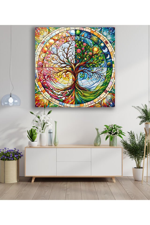 Rengarenk Hayat Ağacı Kare Cam Tablo, Modern Ev Salon Ofis Dekorasyonu Büyük Duvar Dekoru Rengarenk