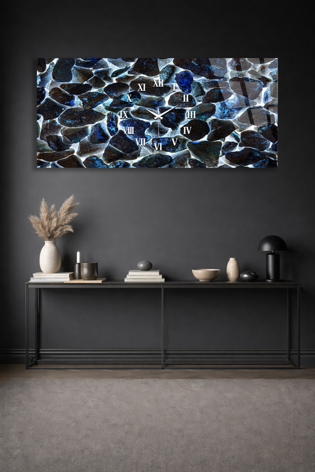 KIRILMAZ CAM DUVAR SAATİ , HEM TABLO HEM SAAT MAVİ DOĞAL TAŞ DOKU EV OFİS HEDİYESİ