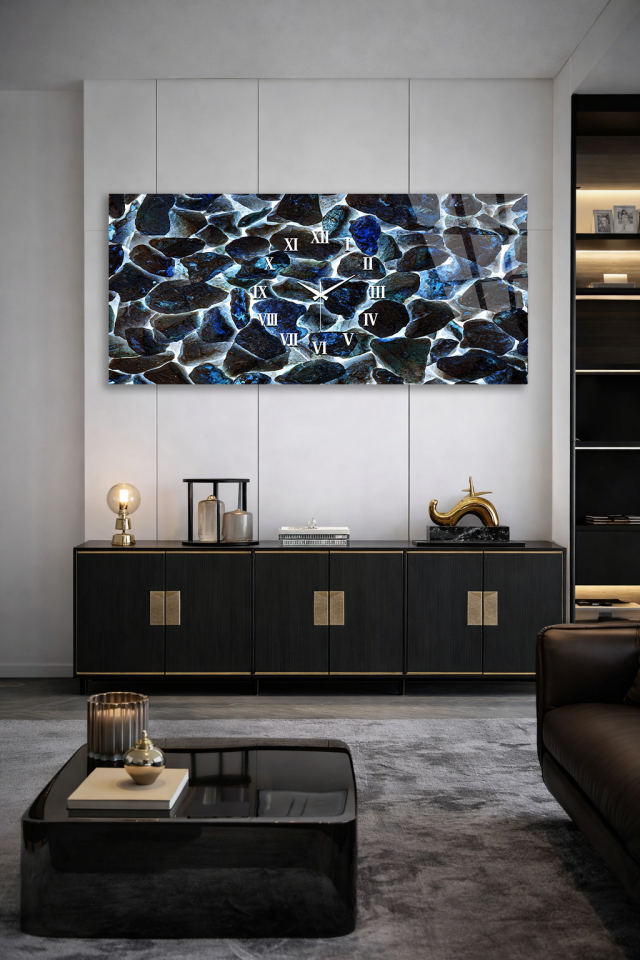 KIRILMAZ CAM DUVAR SAATİ , HEM TABLO HEM SAAT MAVİ DOĞAL TAŞ DOKU EV OFİS HEDİYESİ