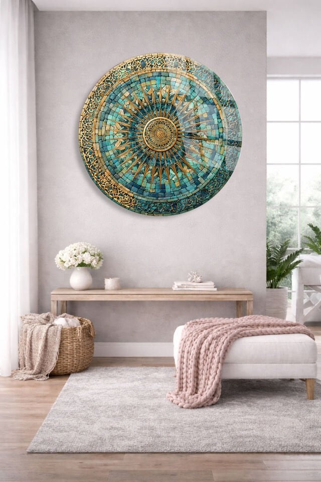 KIRILMAZ CAM TABLO – TURKUAZ ALTIN OSMANLI MOZAİK MANDALA SANAT TASARIMI