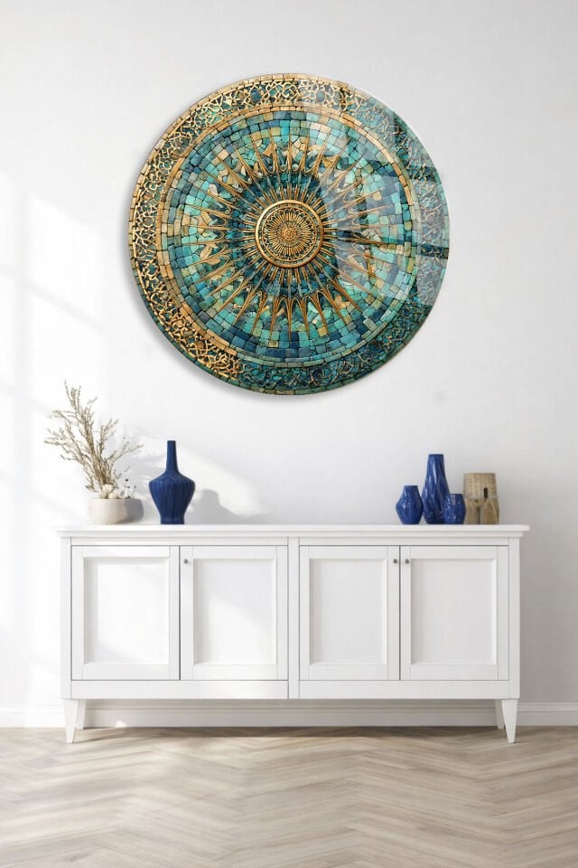 KIRILMAZ CAM TABLO – TURKUAZ ALTIN OSMANLI MOZAİK MANDALA SANAT TASARIMI