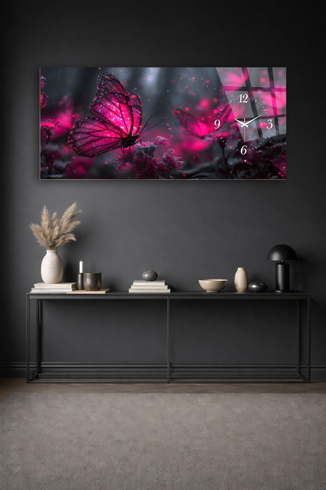 KIRILMAZ CAM DUVAR SAATİ , HEM TABLO HEM SAAT PEMBE KELEBEK SANATSAL TASARIM EV OFİS HEDİYESİ