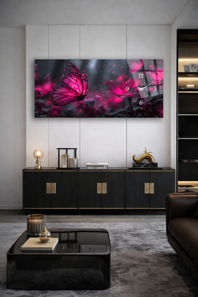 KIRILMAZ CAM DUVAR SAATİ , HEM TABLO HEM SAAT PEMBE KELEBEK SANATSAL TASARIM EV OFİS HEDİYESİ