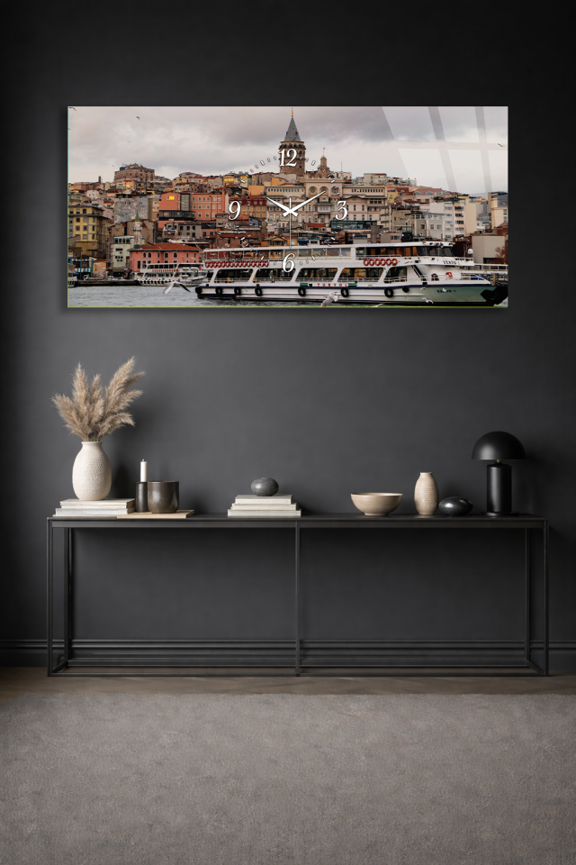 KIRILMAZ CAM DUVAR SAATİ , HEM TABLO HEM SAAT İSTANBUL GALATA KULESİ MANZARA EV OFİS HEDİYESİ