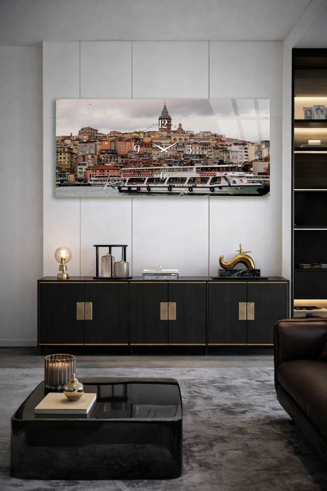 KIRILMAZ CAM DUVAR SAATİ , HEM TABLO HEM SAAT İSTANBUL GALATA KULESİ MANZARA EV OFİS HEDİYESİ