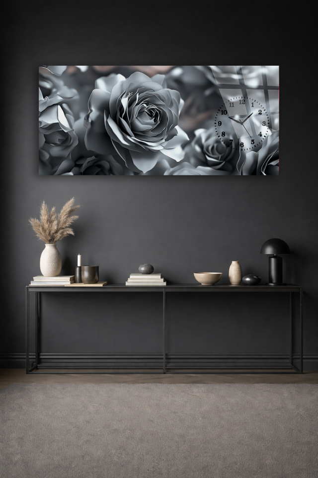 KIRILMAZ CAM DUVAR SAATİ , HEM TABLO HEM SAAT GRİ GÜL DESEN ZARİF TASARIM EV OFİS HEDİYESİ