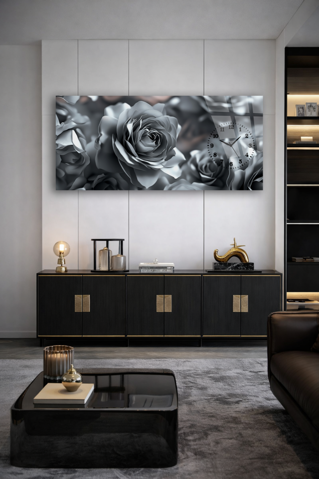 KIRILMAZ CAM DUVAR SAATİ , HEM TABLO HEM SAAT GRİ GÜL DESEN ZARİF TASARIM EV OFİS HEDİYESİ