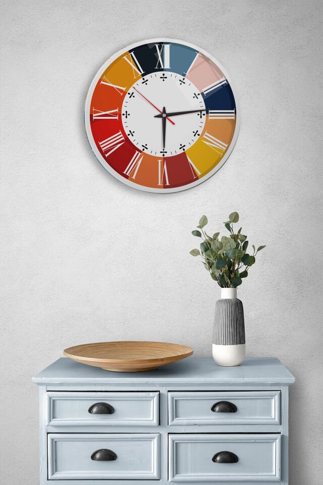 KIRILMAZ CAM DUVAR SAATİ, HEM TABLO HEM SAAT RENKLİ DİLİMLİ ROMA RAKAMLI RETRO TASARIM EV OFİS HEDİYESİ