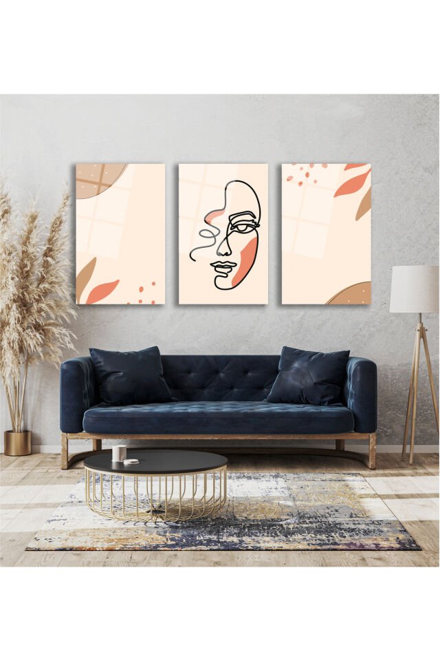 Soyut Kadın Üçlü Set Cam Tablo, Modern Ev Ofis Salon Duvar Dekoru Hediyelik Büyük Tablo Dekor Krem
