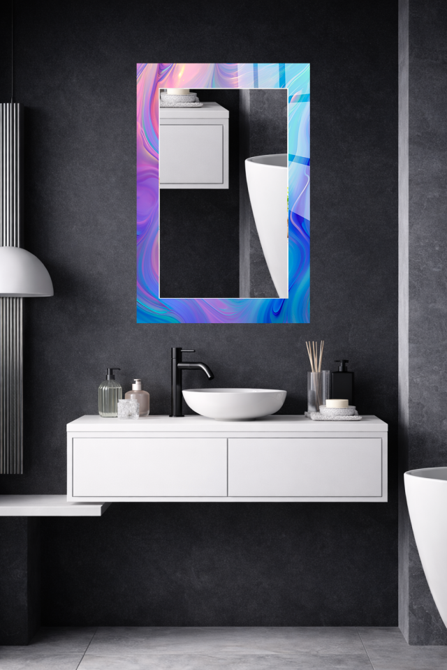HEM TABLO HEM AYNA LİLA MAVİ HOLOGRAFİK SOYUT DESEN CAM DUVAR AYNASI EV DEKORU