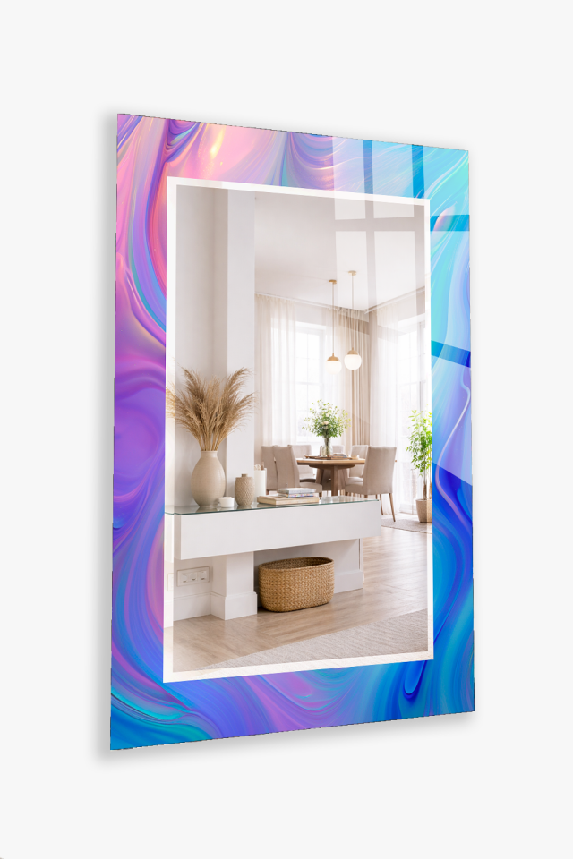 HEM TABLO HEM AYNA LİLA MAVİ HOLOGRAFİK SOYUT DESEN CAM DUVAR AYNASI EV DEKORU