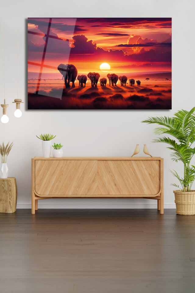 Günbatımı Manzara ve Filler Modern Soyut Cam Tablo Ev Ofis Salon Hediyelik Soyut Büyük Tablo Kırmızı