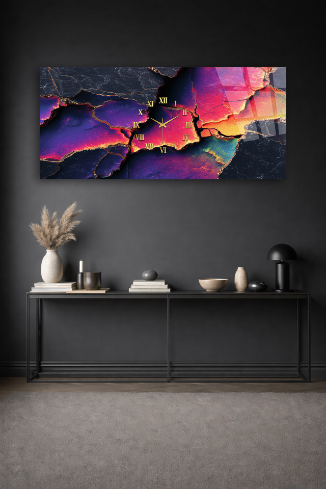 KIRILMAZ CAM DUVAR SAATİ , HEM TABLO HEM SAAT RENKLİ MERMER DOKU LÜKS TASARIM EV OFİS HEDİYESİ