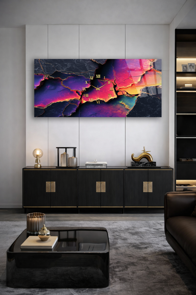 KIRILMAZ CAM DUVAR SAATİ , HEM TABLO HEM SAAT RENKLİ MERMER DOKU LÜKS TASARIM EV OFİS HEDİYESİ