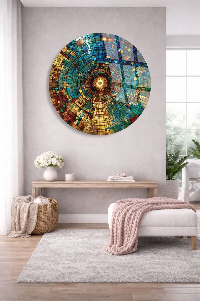 KIRILMAZ CAM TABLO – RENKLİ KOZMİK MOZAIK SPİRAL SOYUT SANAT TASARIMI