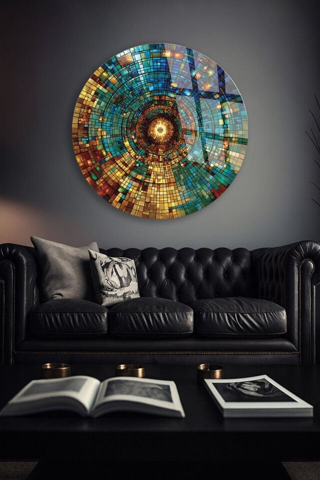 KIRILMAZ CAM TABLO – RENKLİ KOZMİK MOZAIK SPİRAL SOYUT SANAT TASARIMI