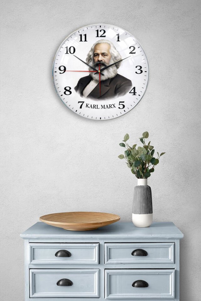 KIRILMAZ CAM DUVAR SAATİ, HEM TABLO HEM SAAT KARL MARX PORTRELİ KLASİK TASARIM EV OFİS HEDİYESİ