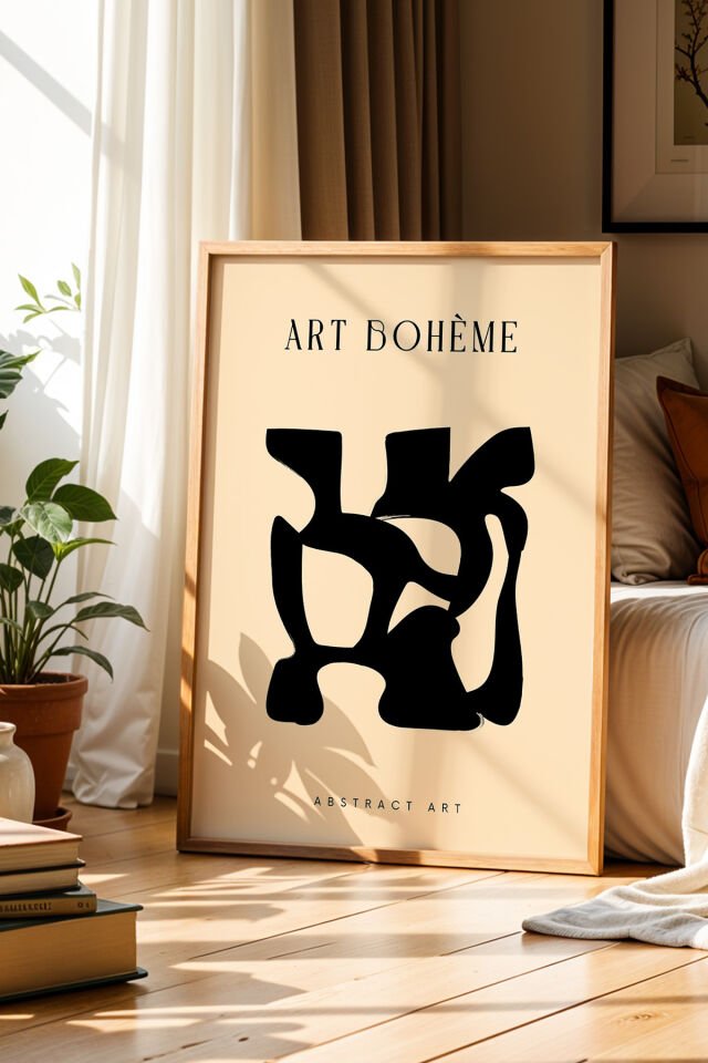 DOĞAL AHŞAP - Art Bohem Soyut Çizim Bej Doğal Ahşap Çerçeveli Duvar Tablosu