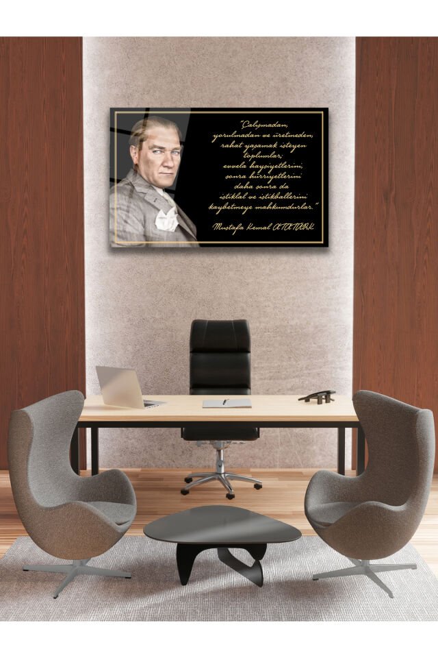 Atatürk ve Sözleri Yatay Cam Tablo, Modern Ev Ofis Salon Duvar Dekoru Hediyelik Büyük Tablo Dekor Siyah Sarı
