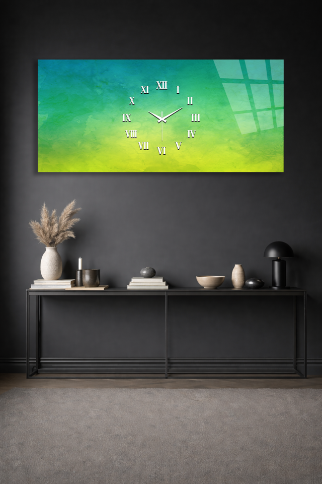 KIRILMAZ CAM DUVAR SAATİ , HEM TABLO HEM SAAT YEŞİL SARI GRADYAN MODERN EV OFİS HEDİYESİ