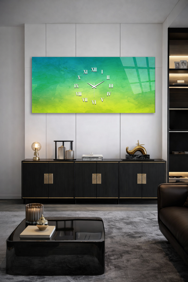 KIRILMAZ CAM DUVAR SAATİ , HEM TABLO HEM SAAT YEŞİL SARI GRADYAN MODERN EV OFİS HEDİYESİ