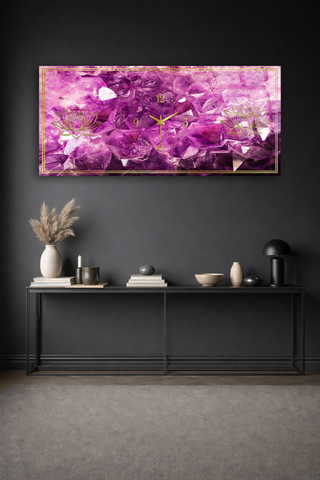 KIRILMAZ CAM DUVAR SAATİ , HEM TABLO HEM SAAT MOR KRİSTAL LOTUS DESEN EV OFİS HEDİYESİ