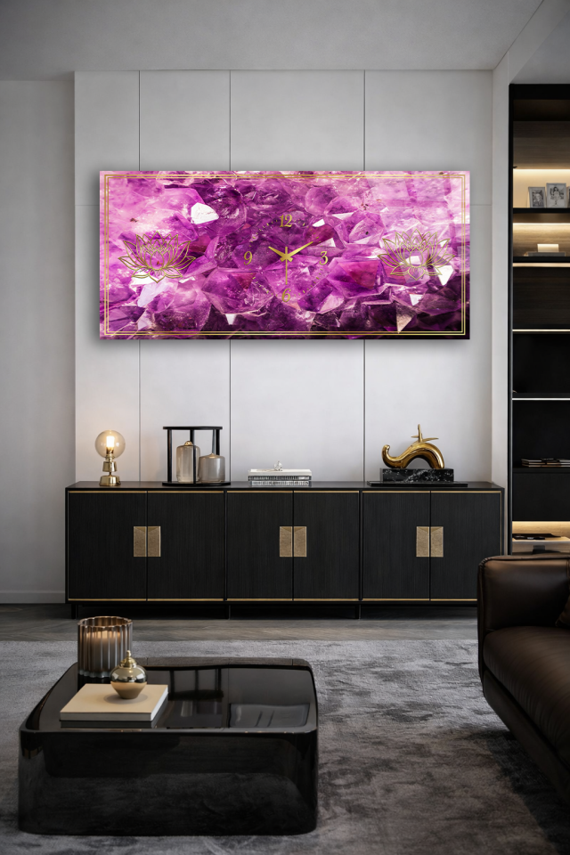 KIRILMAZ CAM DUVAR SAATİ , HEM TABLO HEM SAAT MOR KRİSTAL LOTUS DESEN EV OFİS HEDİYESİ