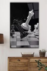 Satranç Şahların Savaşı Dikey Cam Tablo Ev Ofis Salon Duvar Dekoru Siyah Beyaz Hediyelik Büyük Tablo