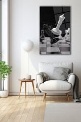 Satranç Şahların Savaşı Dikey Cam Tablo Ev Ofis Salon Duvar Dekoru Siyah Beyaz Hediyelik Büyük Tablo