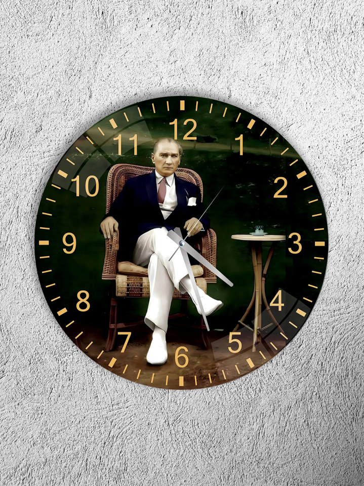 KIRILMAZ CAM DUVAR SAATİ, HEM TABLO HEM SAAT ATATÜRK KOLTUKTA KLASİK PORTRE EV OFİS HEDİYESİ
