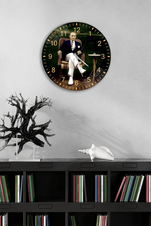 KIRILMAZ CAM DUVAR SAATİ, HEM TABLO HEM SAAT ATATÜRK KOLTUKTA KLASİK PORTRE EV OFİS HEDİYESİ