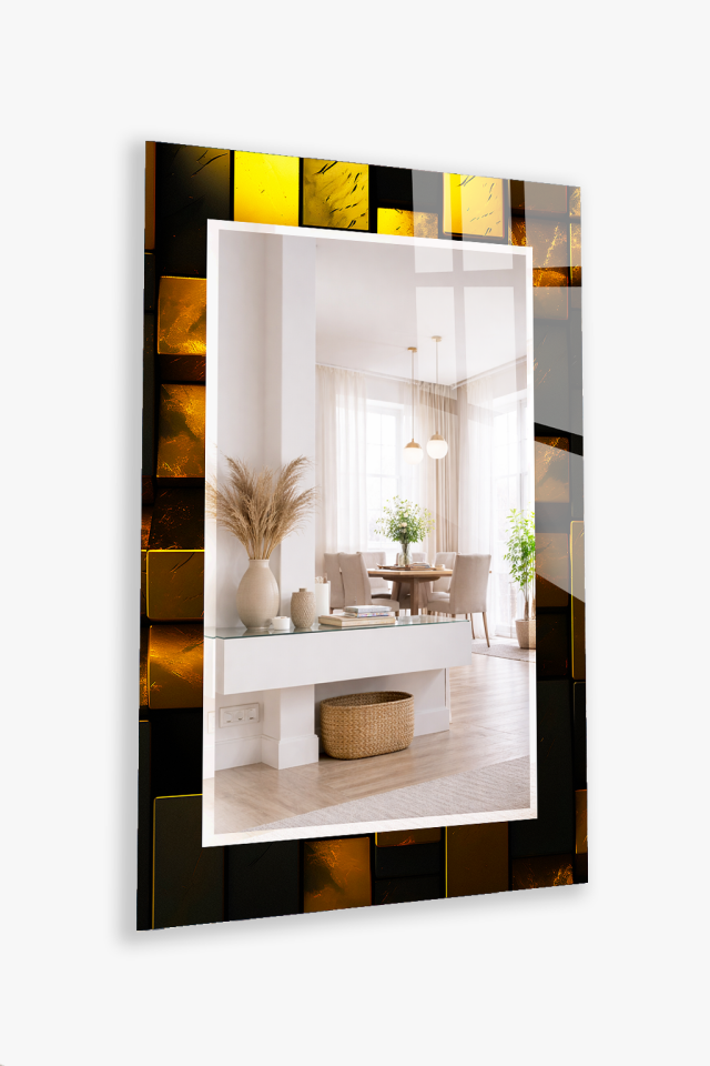 HEM TABLO HEM AYNA SİYAH ALTIN 3D GEOMETRİK PANEL DESEN CAM DUVAR AYNASI EV DEKORU