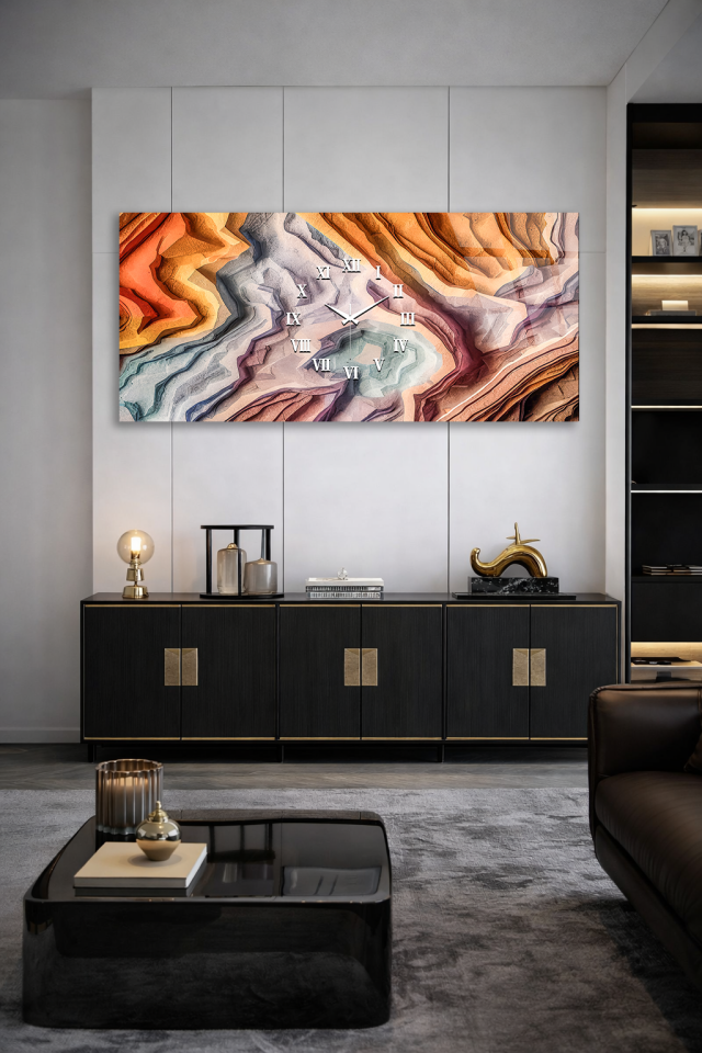 KIRILMAZ CAM DUVAR SAATİ , HEM TABLO HEM SAAT KATMANLI SOYUT SANAT RENKLİ EV OFİS HEDİYESİ